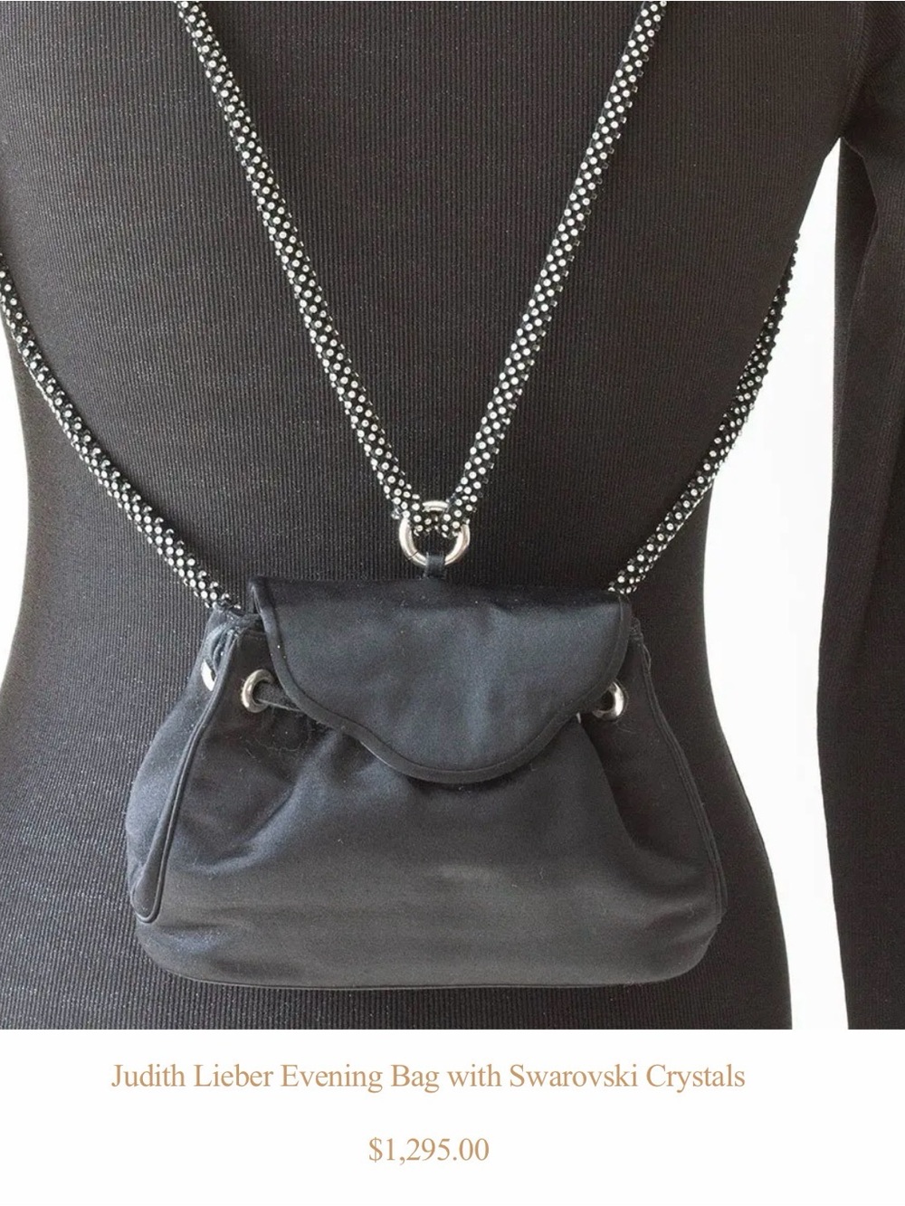 Judith Leiber Black Satin Mini Bag with Crystal-Strap